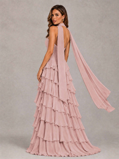 A-Line Strapless Pleated Side Slit Chiffon Evening Dress with Scarf