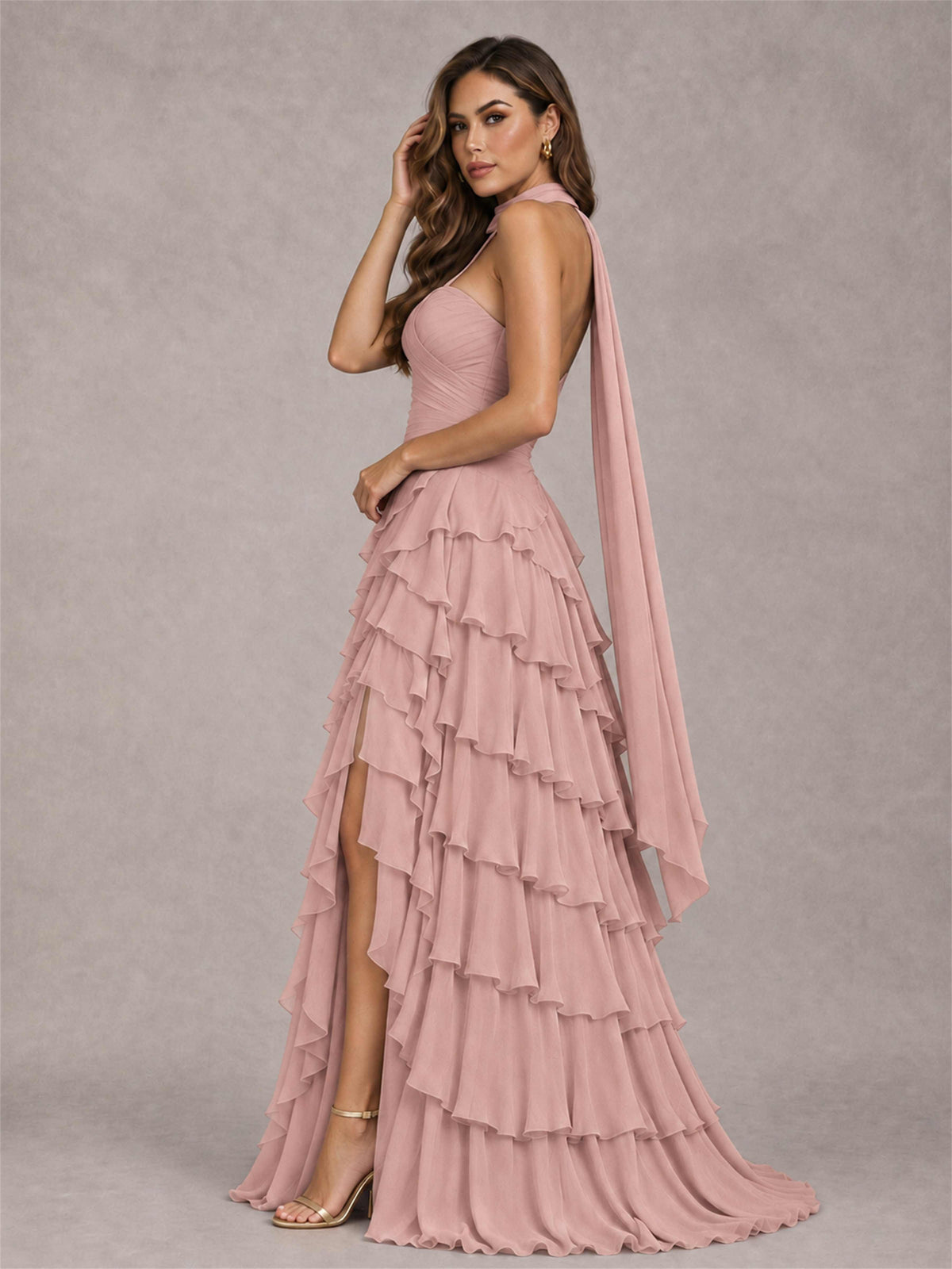 A-Line Strapless Pleated Side Slit Chiffon Evening Dress with Scarf