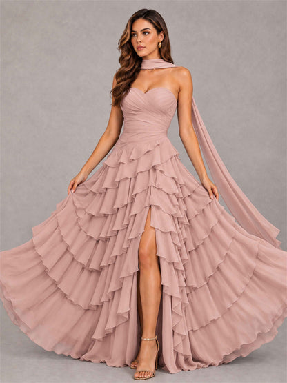 A-Line Strapless Pleated Side Slit Chiffon Evening Dress with Scarf
