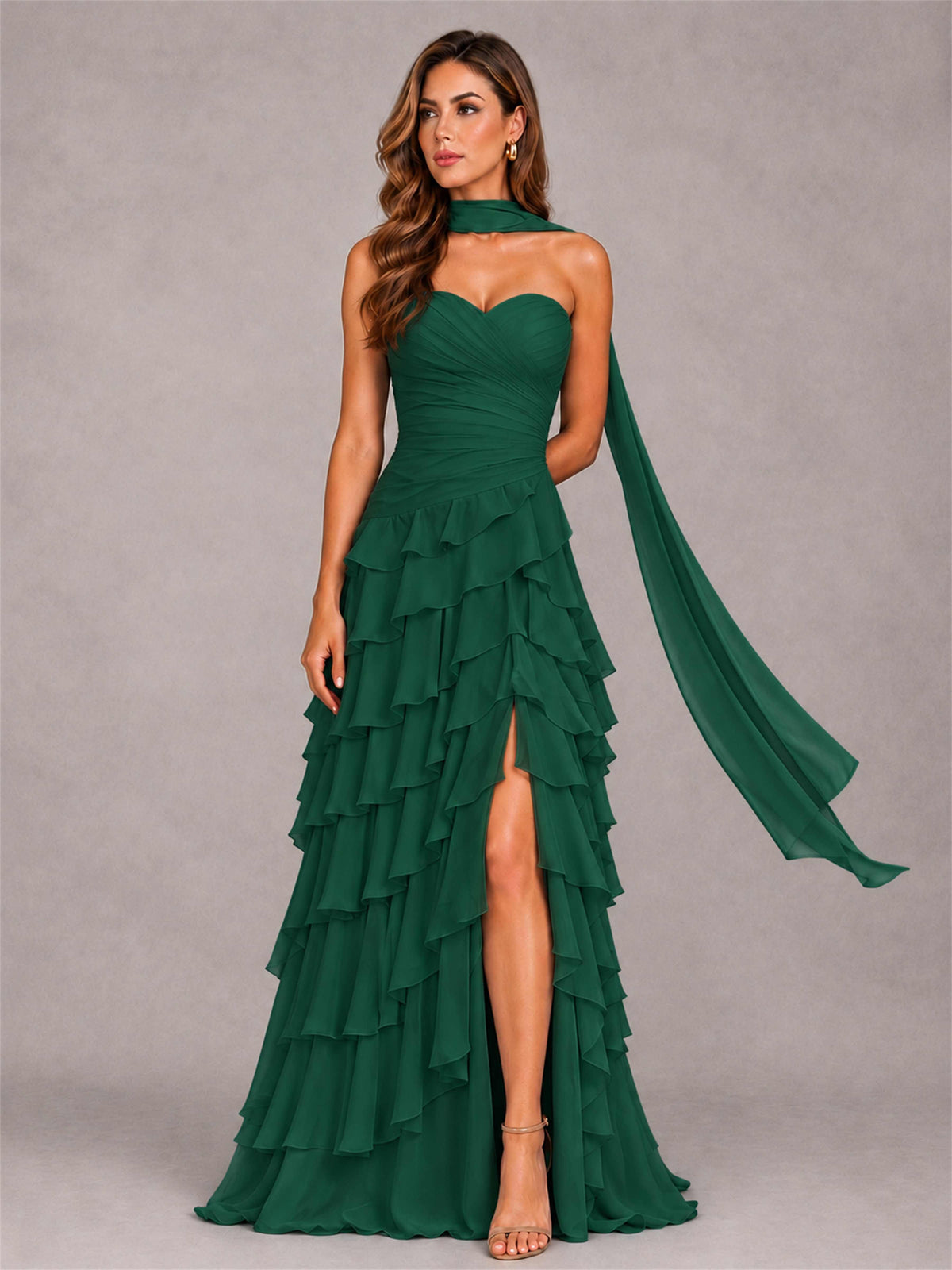 A-Line Strapless Pleated Side Slit Chiffon Evening Dress with Scarf