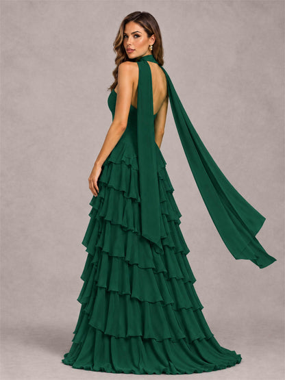 A-Line Strapless Pleated Side Slit Chiffon Evening Dress with Scarf