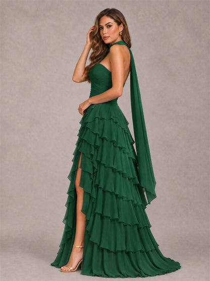 A-Line Strapless Pleated Side Slit Chiffon Evening Dress with Scarf