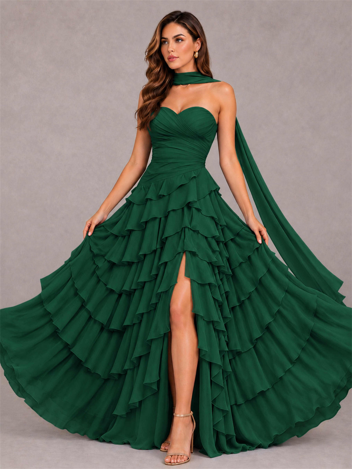 A-Line Strapless Pleated Side Slit Chiffon Evening Dress with Scarf