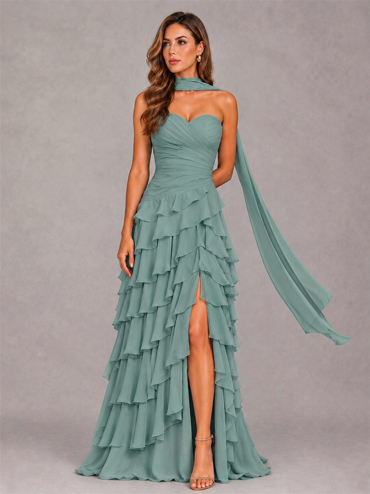 A-Line Strapless Pleated Side Slit Chiffon Evening Dress with Scarf