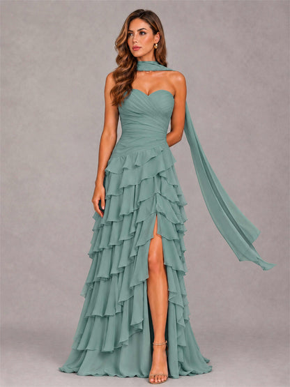 A-Line Strapless Pleated Side Slit Chiffon Evening Dress with Scarf
