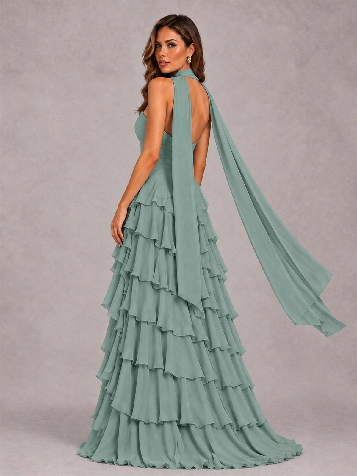 A-Line Strapless Pleated Side Slit Chiffon Evening Dress with Scarf