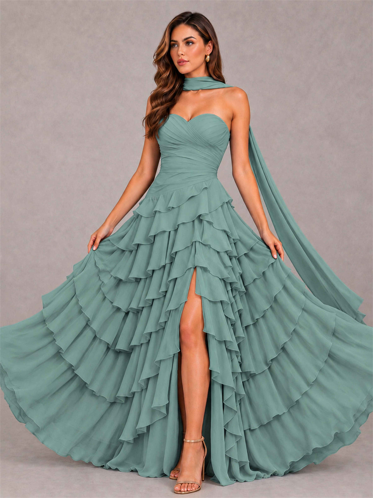 A-Line Strapless Pleated Side Slit Chiffon Evening Dress with Scarf