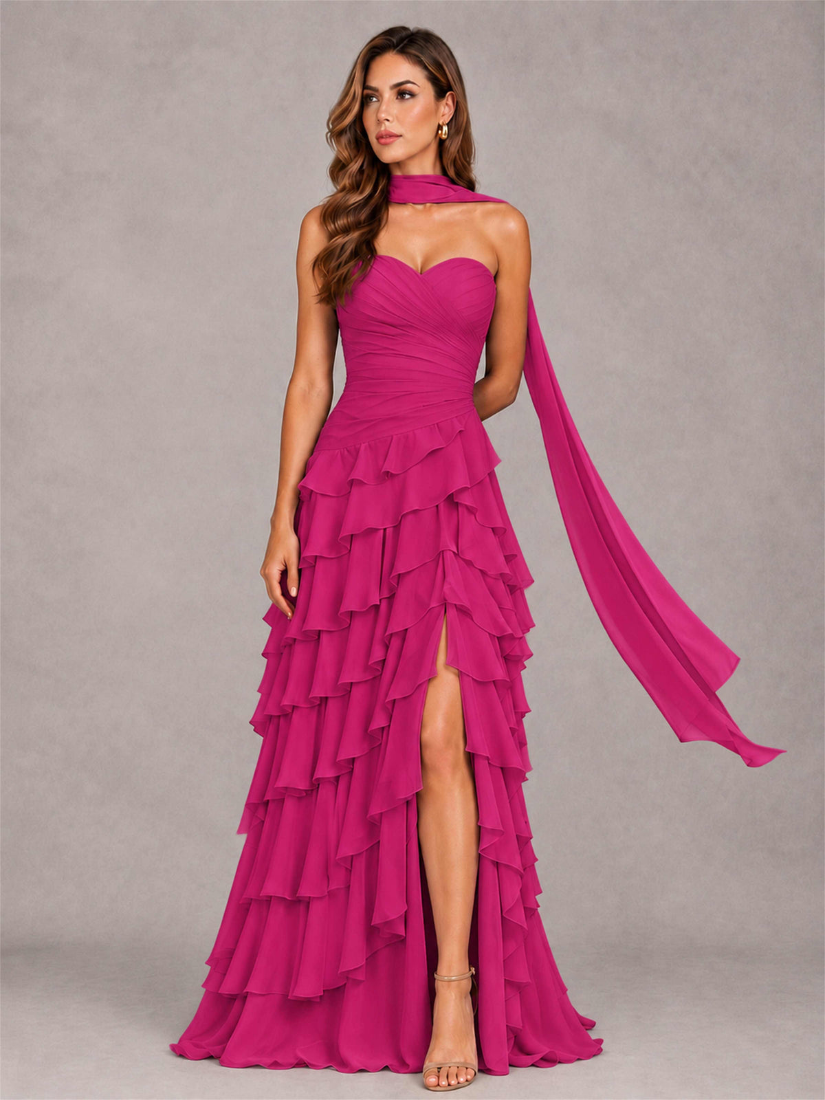 A-Line Strapless Pleated Side Slit Chiffon Evening Dress with Scarf