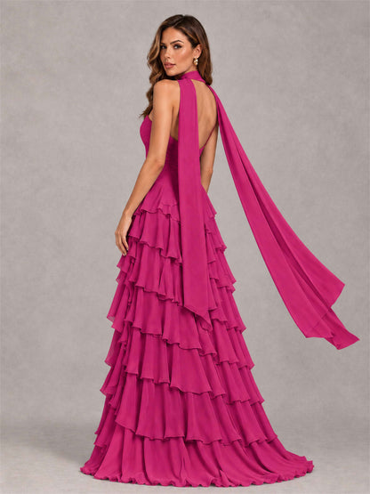 A-Line Strapless Pleated Side Slit Chiffon Evening Dress with Scarf