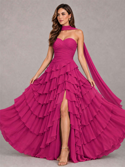 A-Line Strapless Pleated Side Slit Chiffon Evening Dress with Scarf