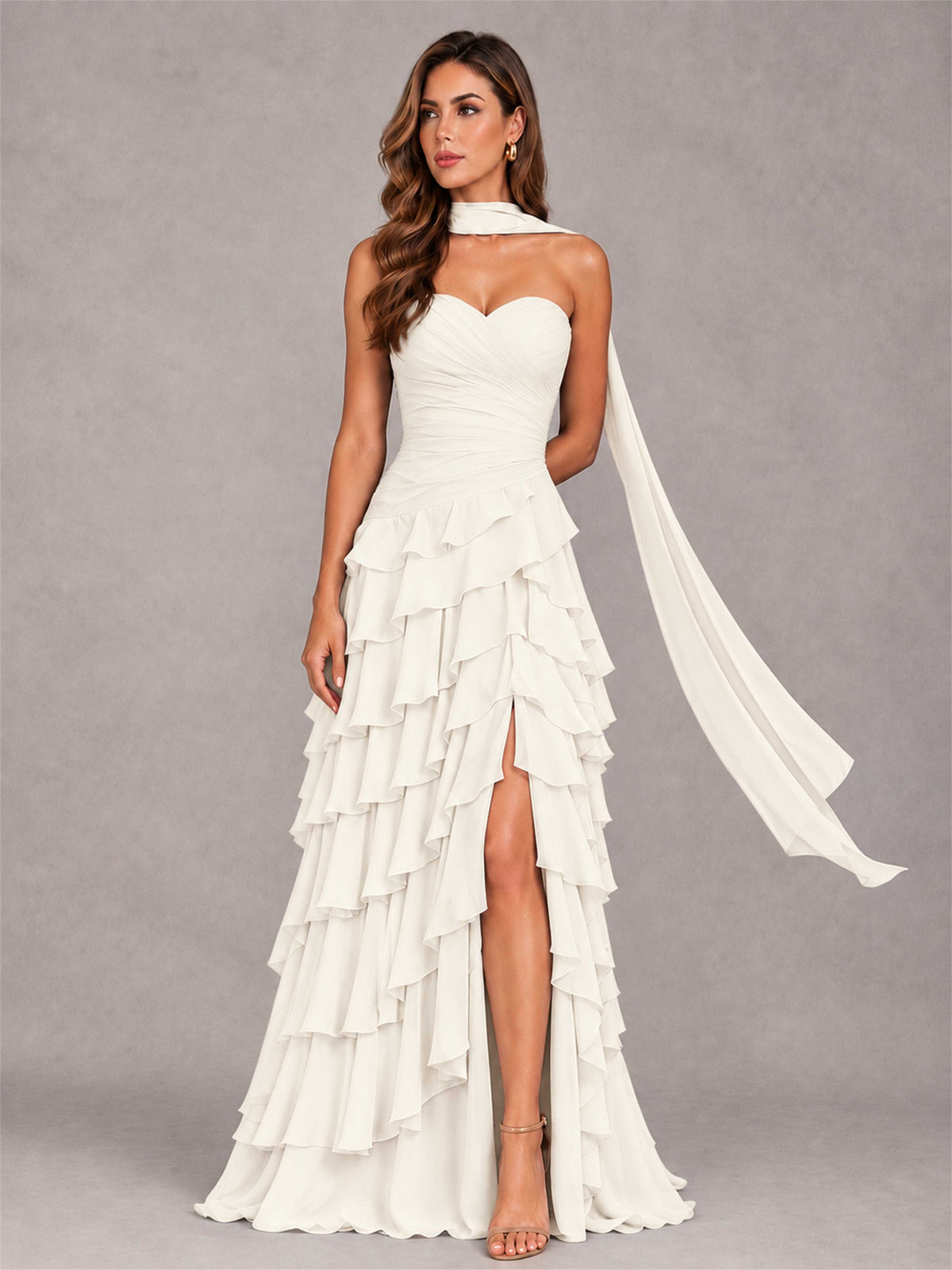 A-Line Strapless Pleated Side Slit Chiffon Evening Dress with Scarf