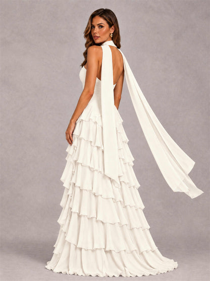 A-Line Strapless Pleated Side Slit Chiffon Evening Dress with Scarf