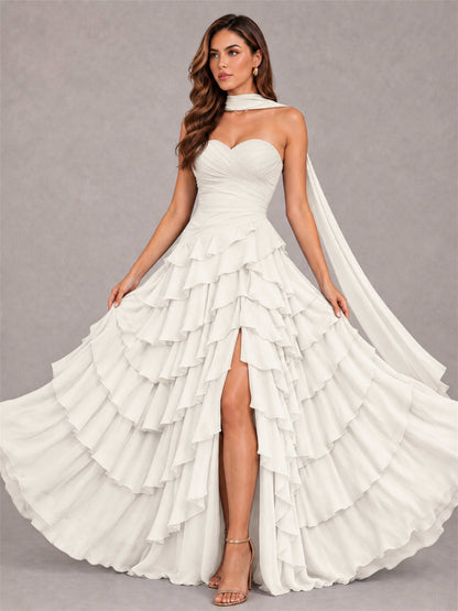 A-Line Strapless Pleated Side Slit Chiffon Evening Dress with Scarf