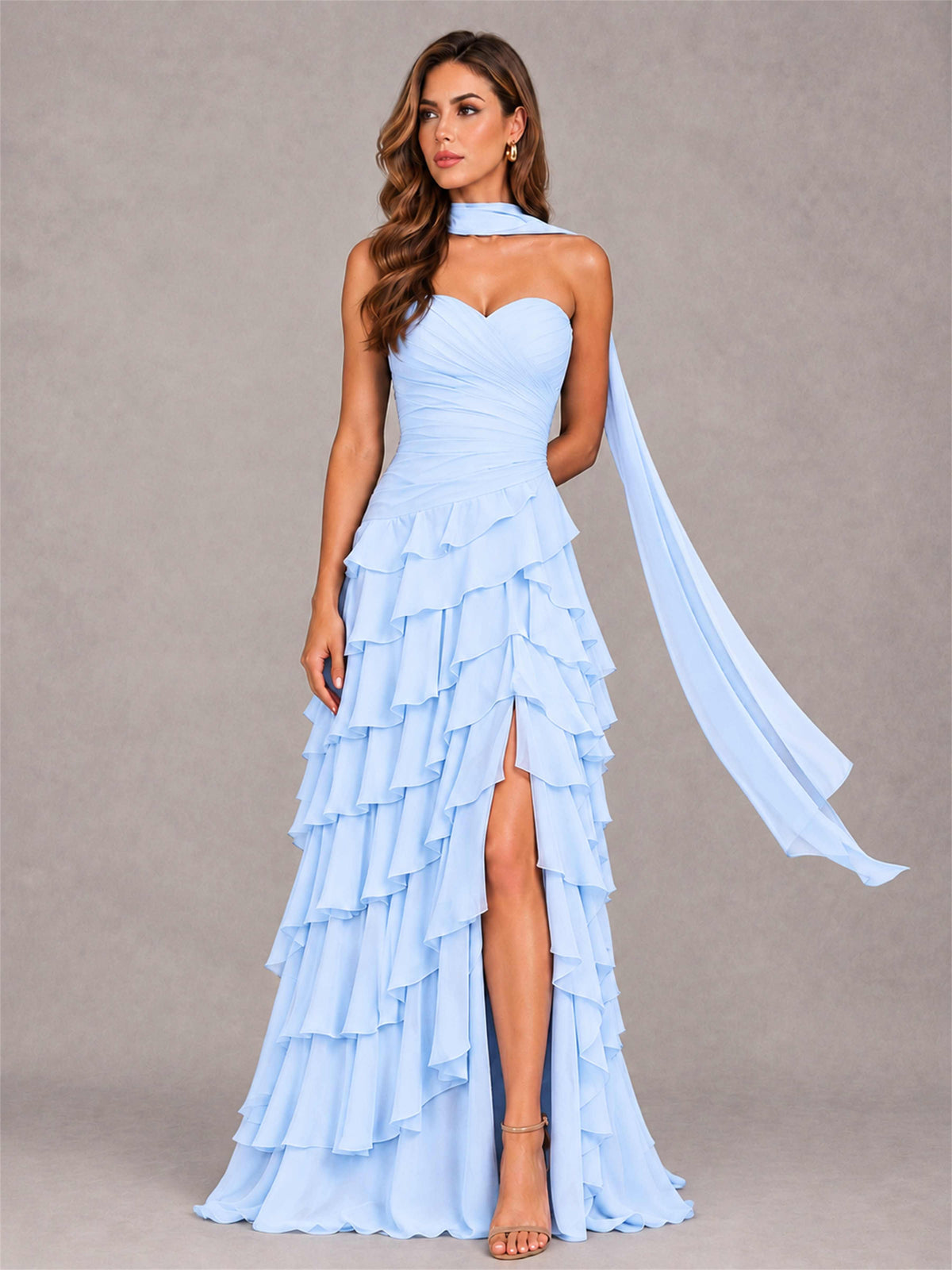 A-Line Strapless Pleated Side Slit Chiffon Evening Dress with Scarf