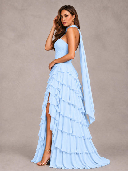A-Line Strapless Pleated Side Slit Chiffon Evening Dress with Scarf