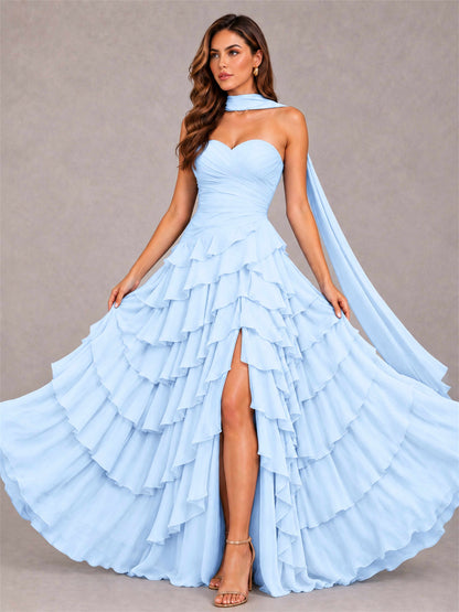 A-Line Strapless Pleated Side Slit Chiffon Evening Dress with Scarf