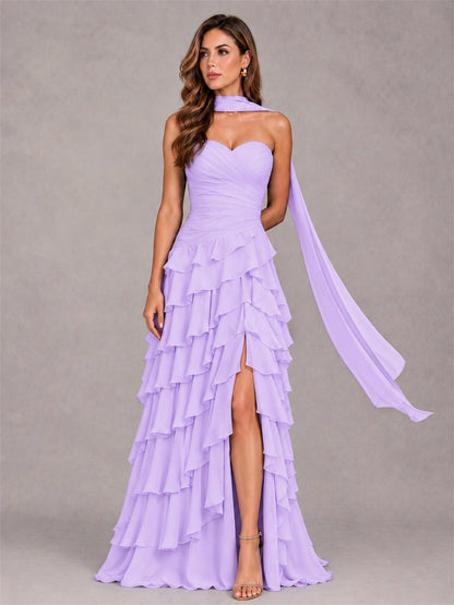 A-Line Strapless Pleated Side Slit Chiffon Evening Dress with Scarf