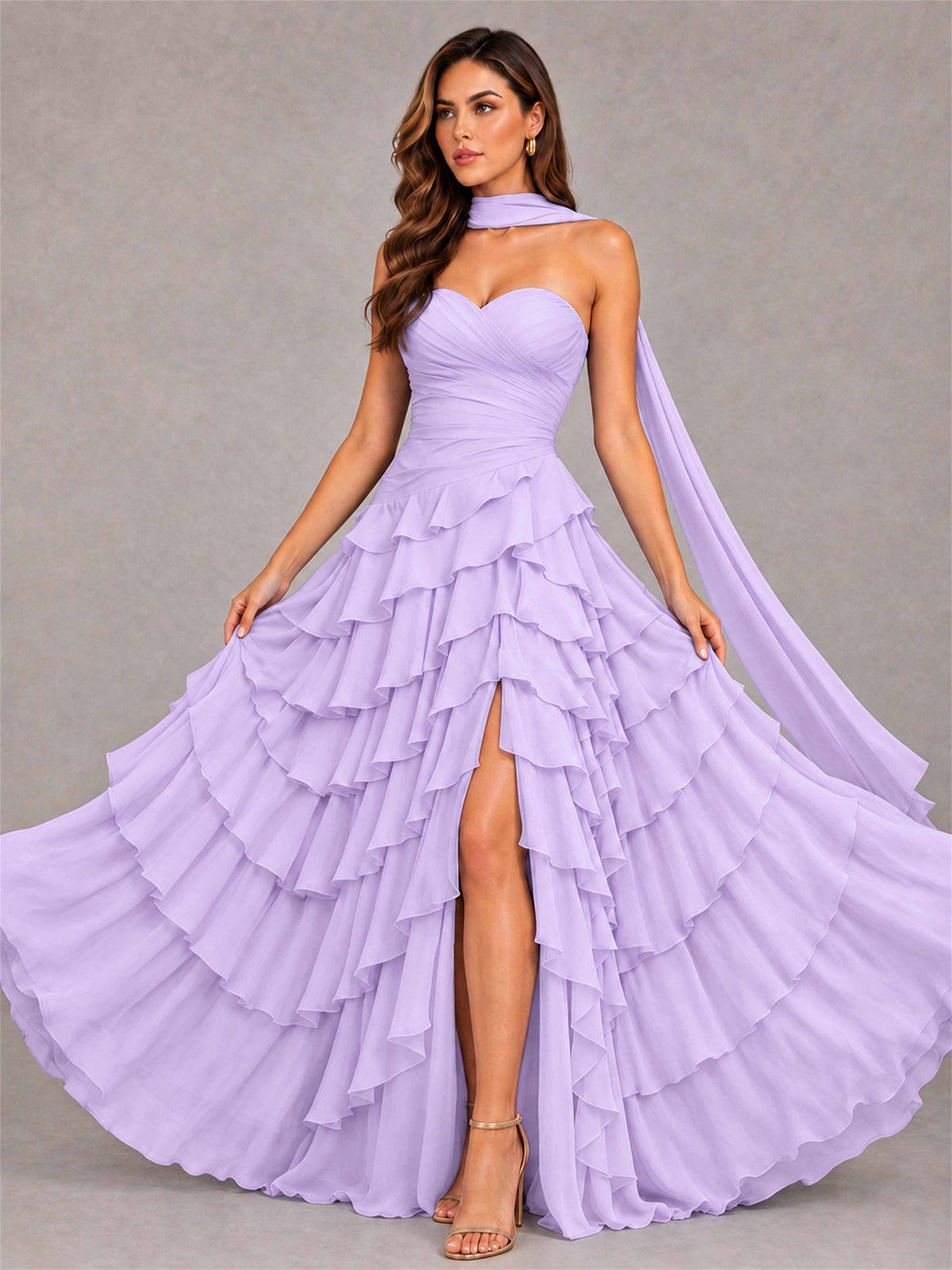 A-Line Strapless Pleated Side Slit Chiffon Evening Dress with Scarf