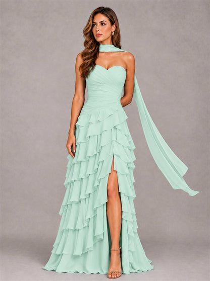 A-Line Strapless Pleated Side Slit Chiffon Evening Dress with Scarf
