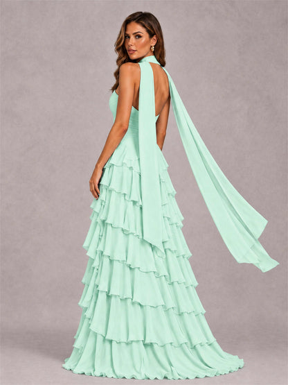 A-Line Strapless Pleated Side Slit Chiffon Evening Dress with Scarf
