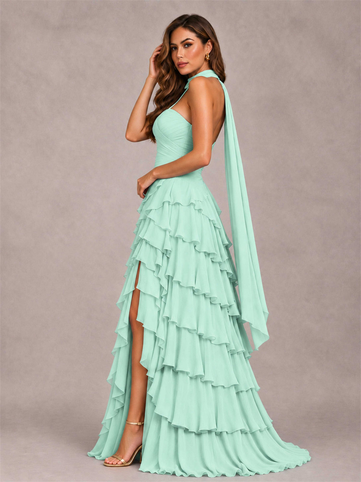A-Line Strapless Pleated Side Slit Chiffon Evening Dress with Scarf