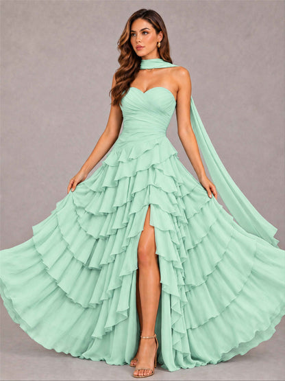 A-Line Strapless Pleated Side Slit Chiffon Evening Dress with Scarf