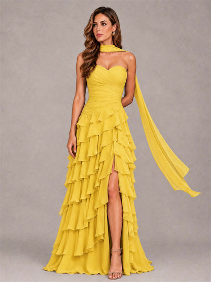 A-Line Strapless Pleated Side Slit Chiffon Evening Dress with Scarf