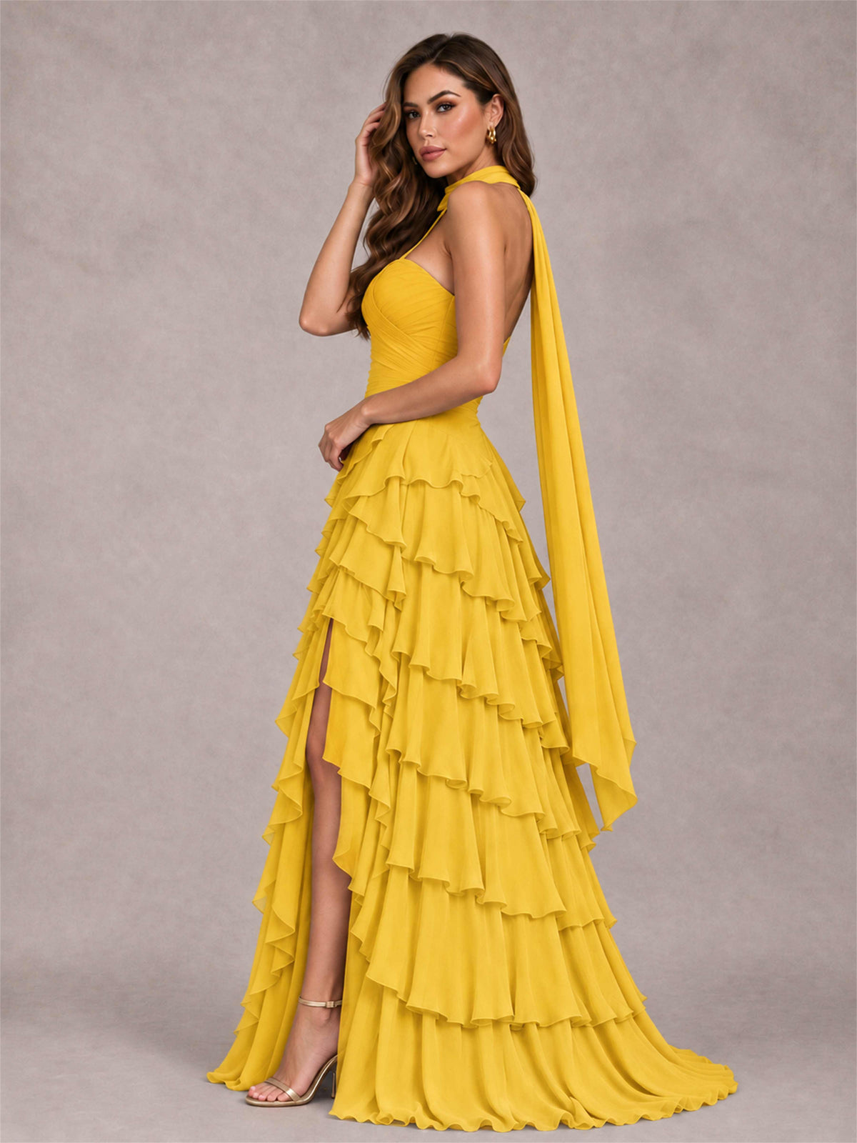 A-Line Strapless Pleated Side Slit Chiffon Evening Dress with Scarf