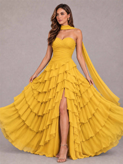 A-Line Strapless Pleated Side Slit Chiffon Evening Dress with Scarf