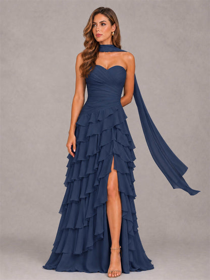 A-Line Strapless Pleated Side Slit Chiffon Evening Dress with Scarf