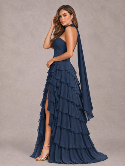 A-Line Strapless Pleated Side Slit Chiffon Evening Dress with Scarf