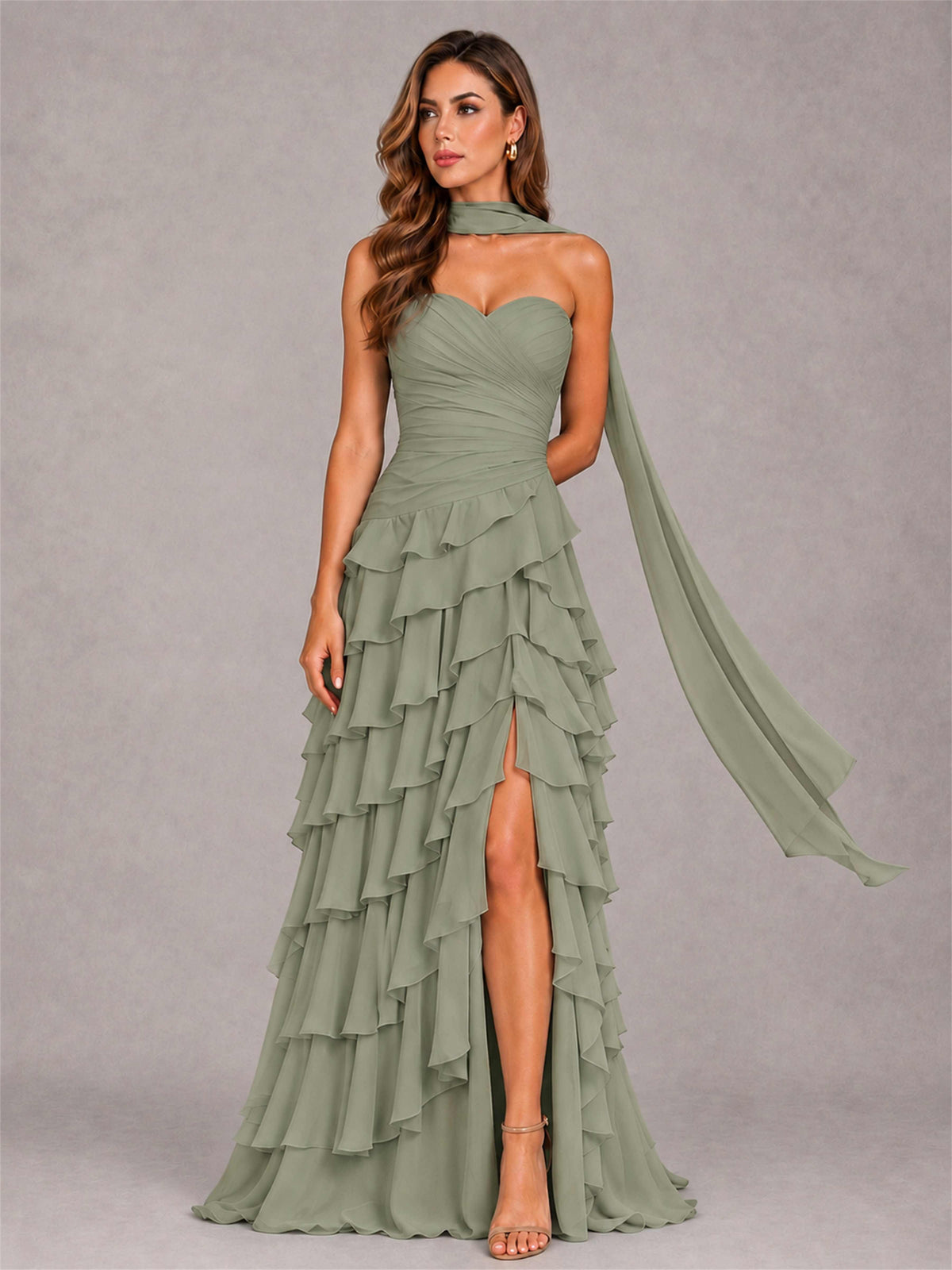 A-Line Strapless Pleated Side Slit Chiffon Evening Dress with Scarf