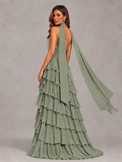 A-Line Strapless Pleated Side Slit Chiffon Evening Dress with Scarf