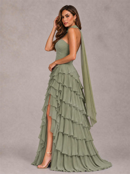 A-Line Strapless Pleated Side Slit Chiffon Evening Dress with Scarf