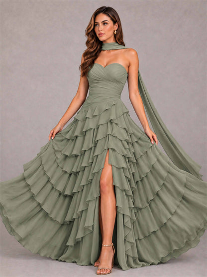 A-Line Strapless Pleated Side Slit Chiffon Evening Dress with Scarf