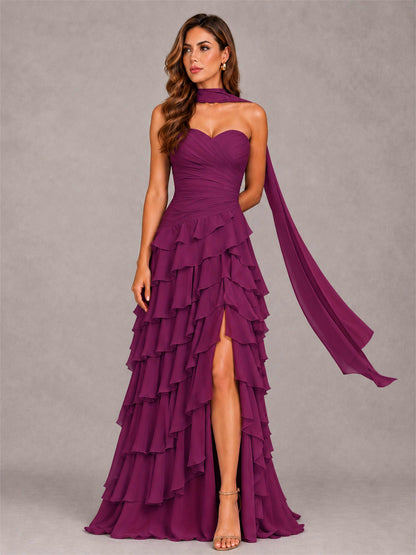 A-Line Strapless Pleated Side Slit Chiffon Evening Dress with Scarf
