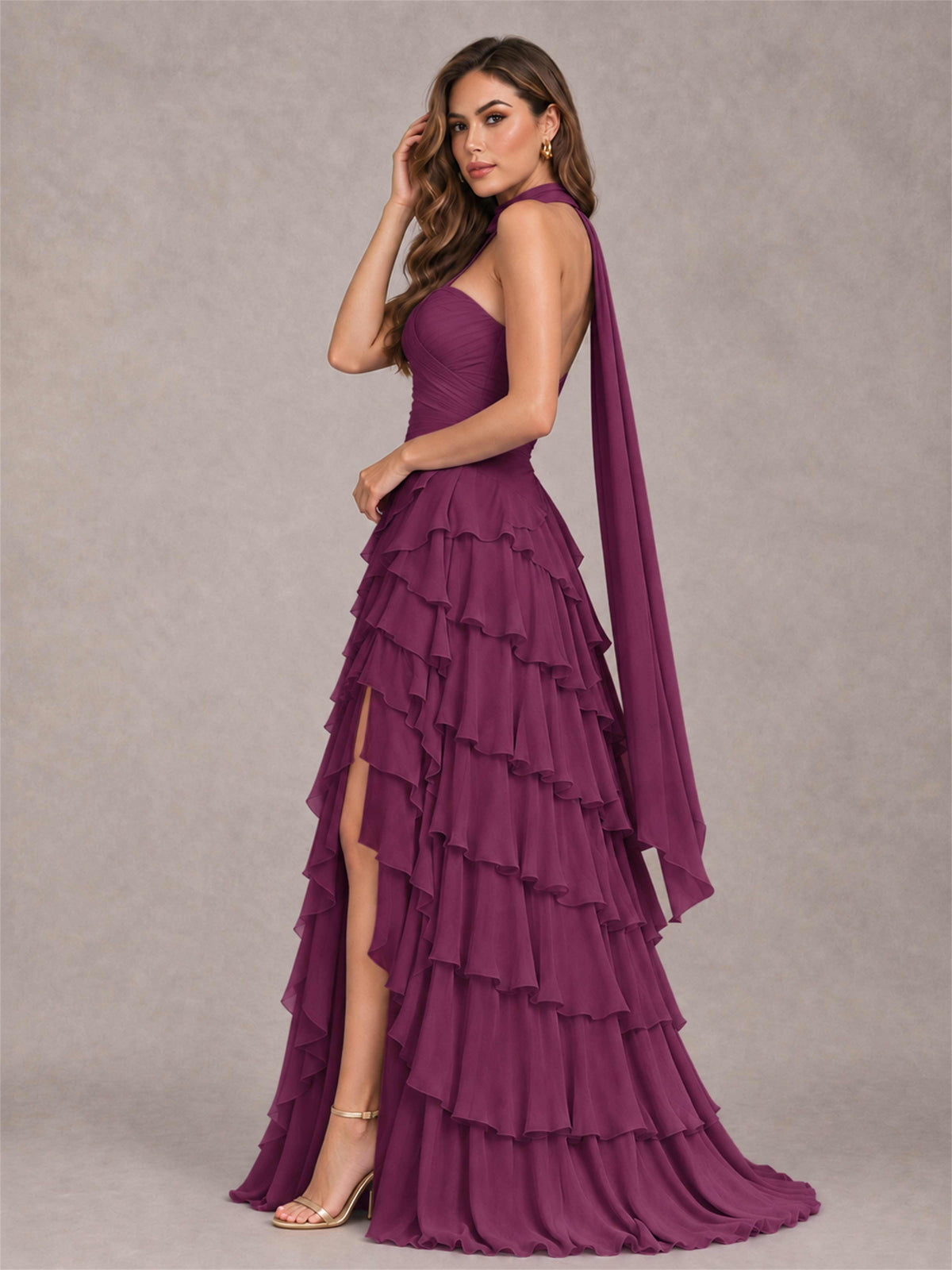 A-Line Strapless Pleated Side Slit Chiffon Evening Dress with Scarf