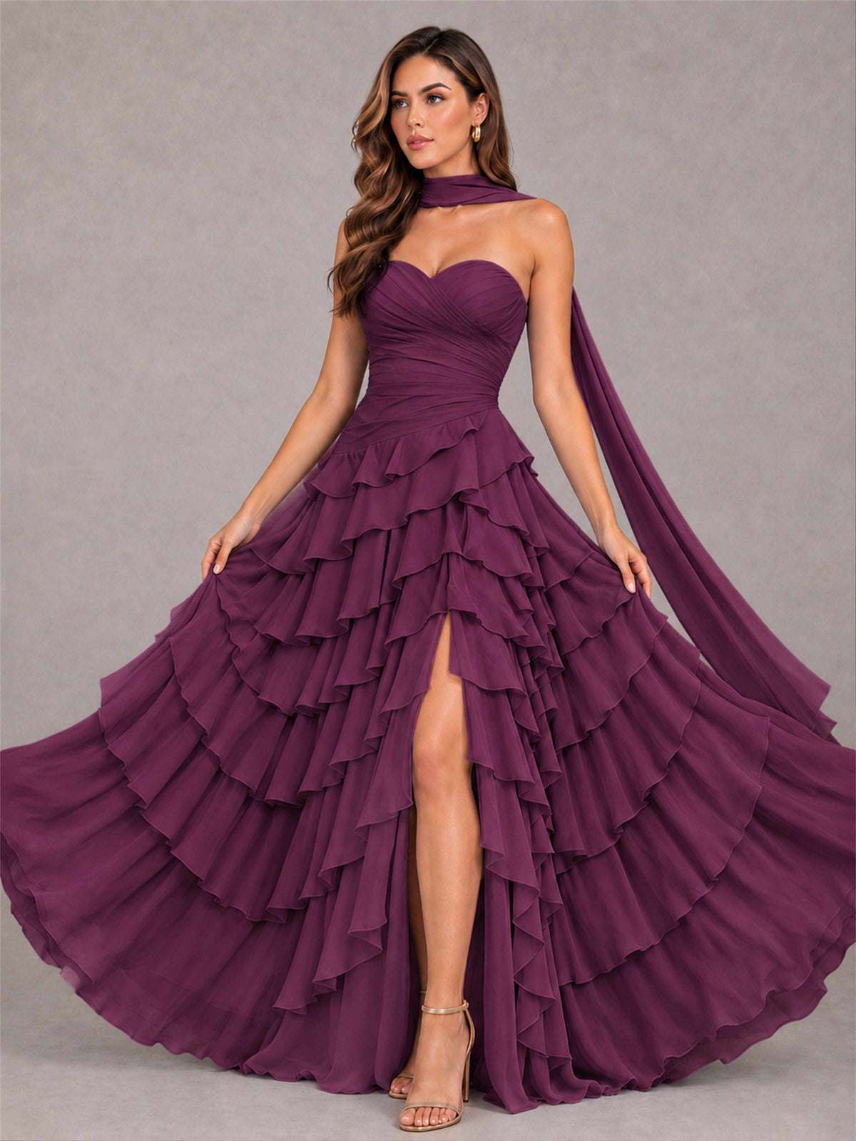A-Line Strapless Pleated Side Slit Chiffon Evening Dress with Scarf