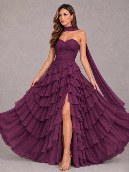 A-Line Strapless Pleated Side Slit Chiffon Evening Dress with Scarf