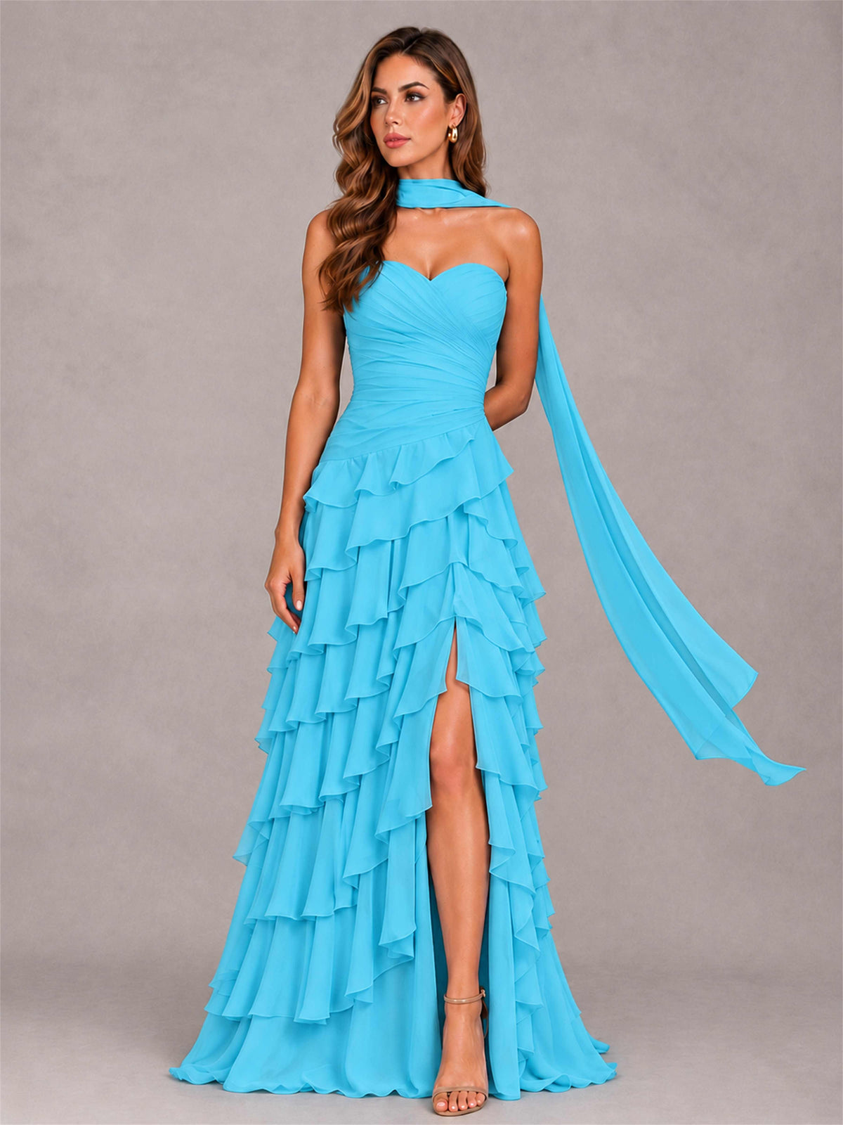 A-Line Strapless Pleated Side Slit Chiffon Evening Dress with Scarf