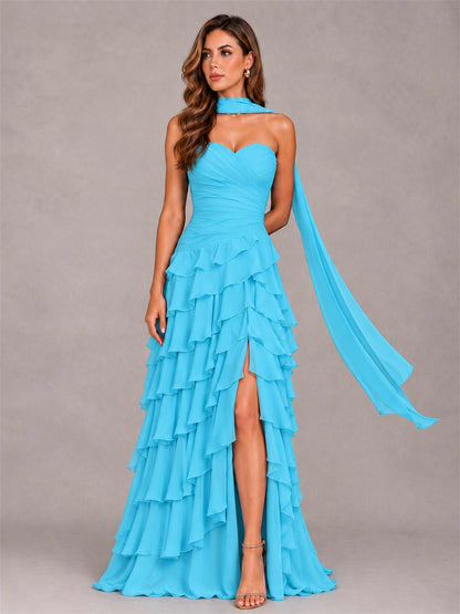 A-Line Strapless Pleated Side Slit Chiffon Evening Dress with Scarf