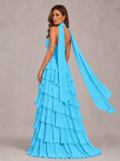 A-Line Strapless Pleated Side Slit Chiffon Evening Dress with Scarf
