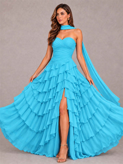 A-Line Strapless Pleated Side Slit Chiffon Evening Dress with Scarf