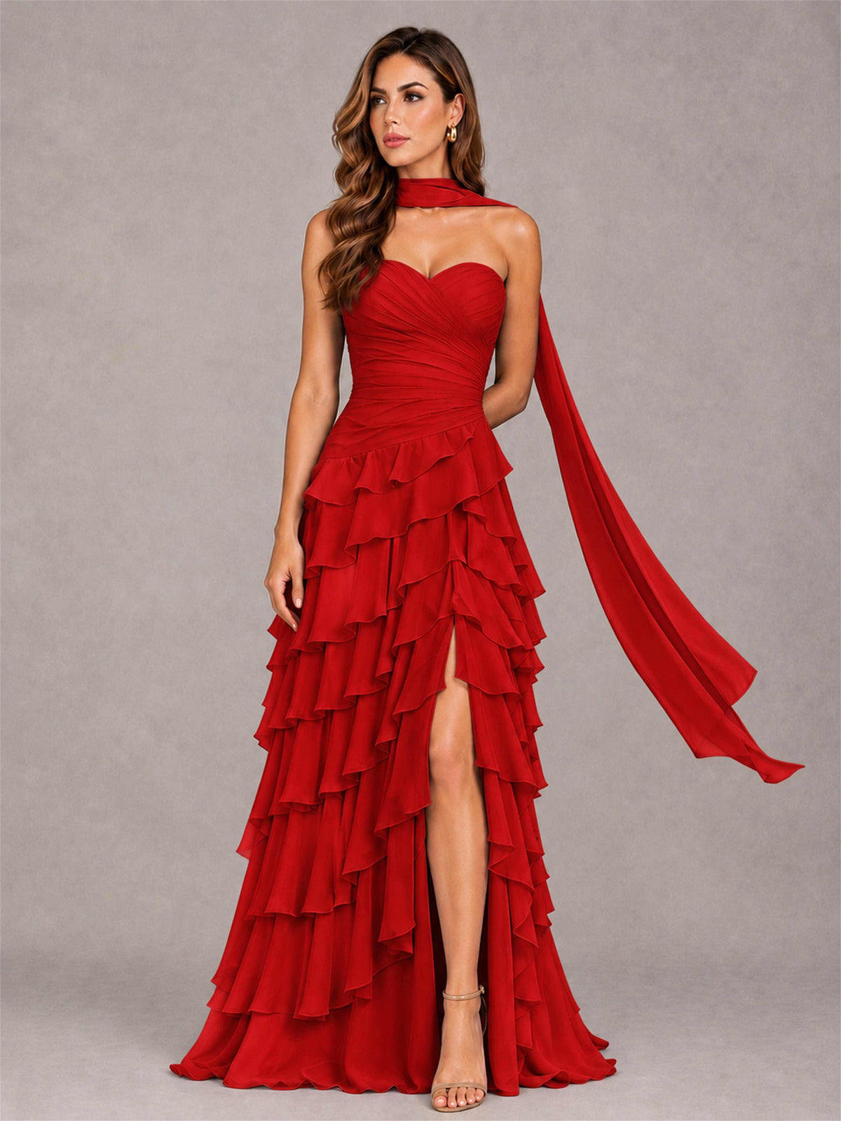 A-Line Strapless Pleated Side Slit Chiffon Evening Dress with Scarf