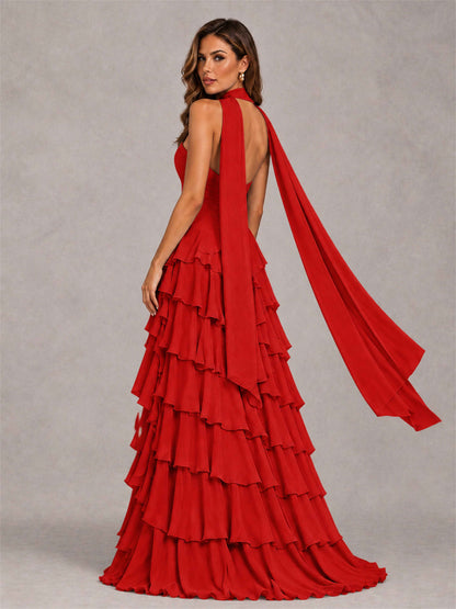 A-Line Strapless Pleated Side Slit Chiffon Evening Dress with Scarf