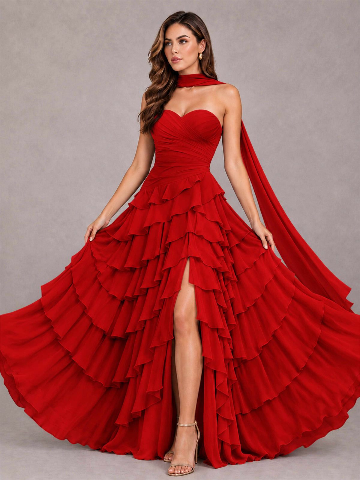 A-Line Strapless Pleated Side Slit Chiffon Evening Dress with Scarf