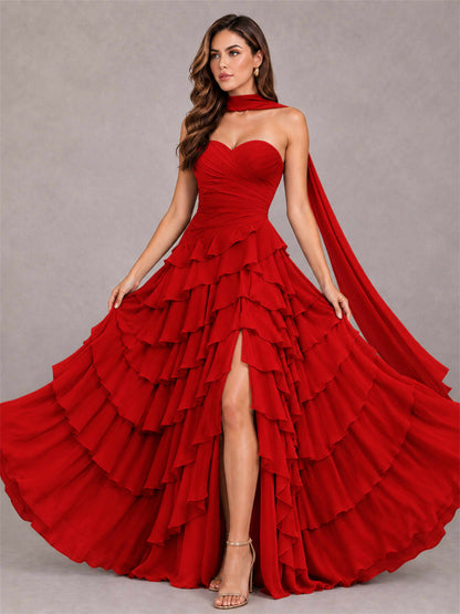 A-Line Strapless Pleated Side Slit Chiffon Evening Dress with Scarf