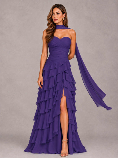 A-Line Strapless Pleated Side Slit Chiffon Evening Dress with Scarf