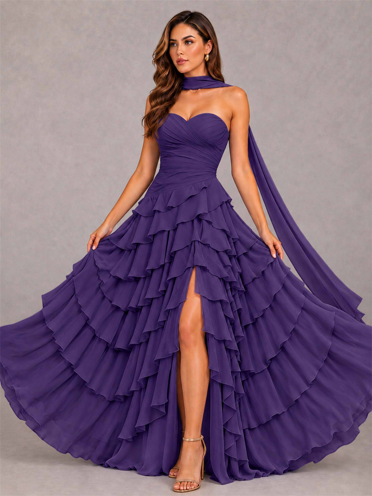 A-Line Strapless Pleated Side Slit Chiffon Evening Dress with Scarf