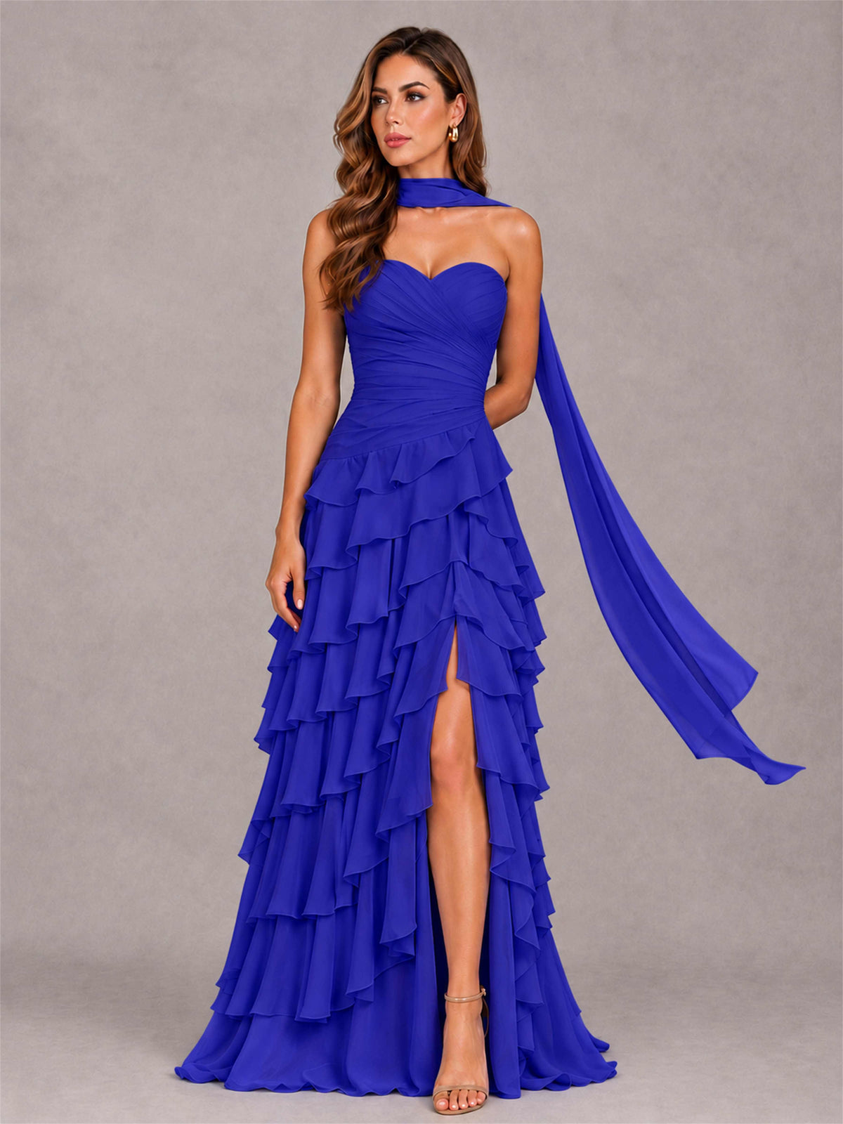 A-Line Strapless Pleated Side Slit Chiffon Evening Dress with Scarf